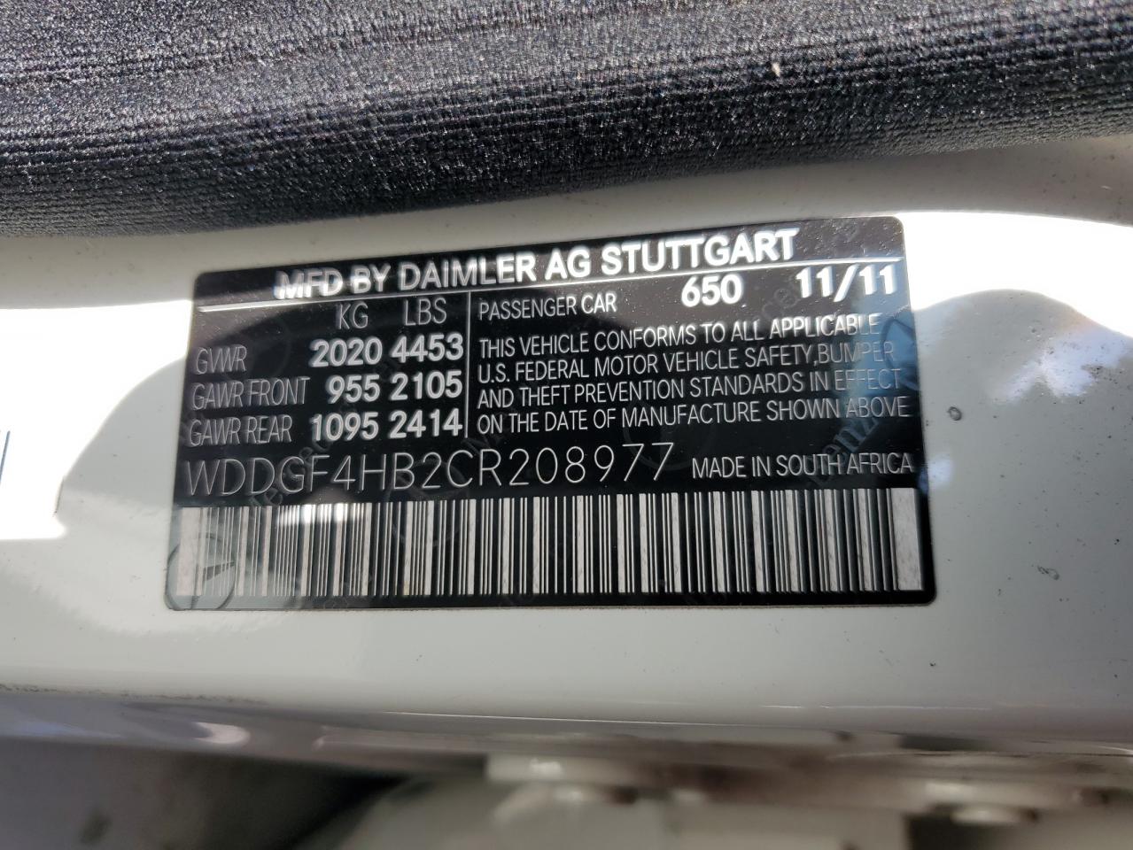 2012 Mercedes-Benz C 250 VIN: WDDGF4HB2CR208977 Lot: 57502965