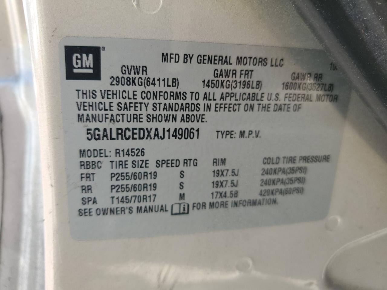 5GALRCEDXAJ149061 2010 Buick Enclave Cxl