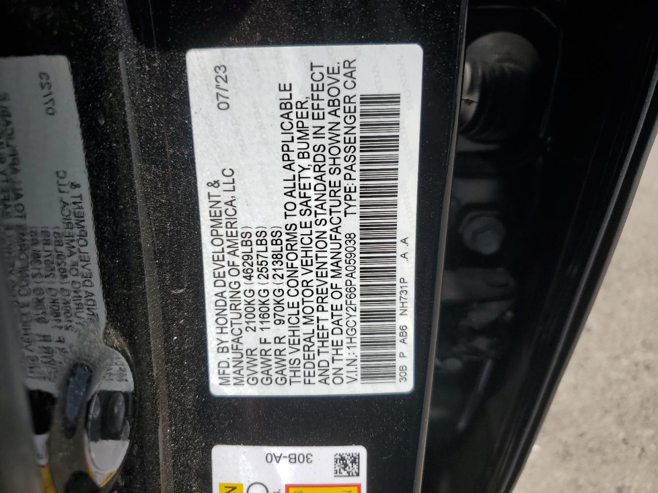 1HGCY2F66PA059038 2023 Honda Accord Hybrid Exl