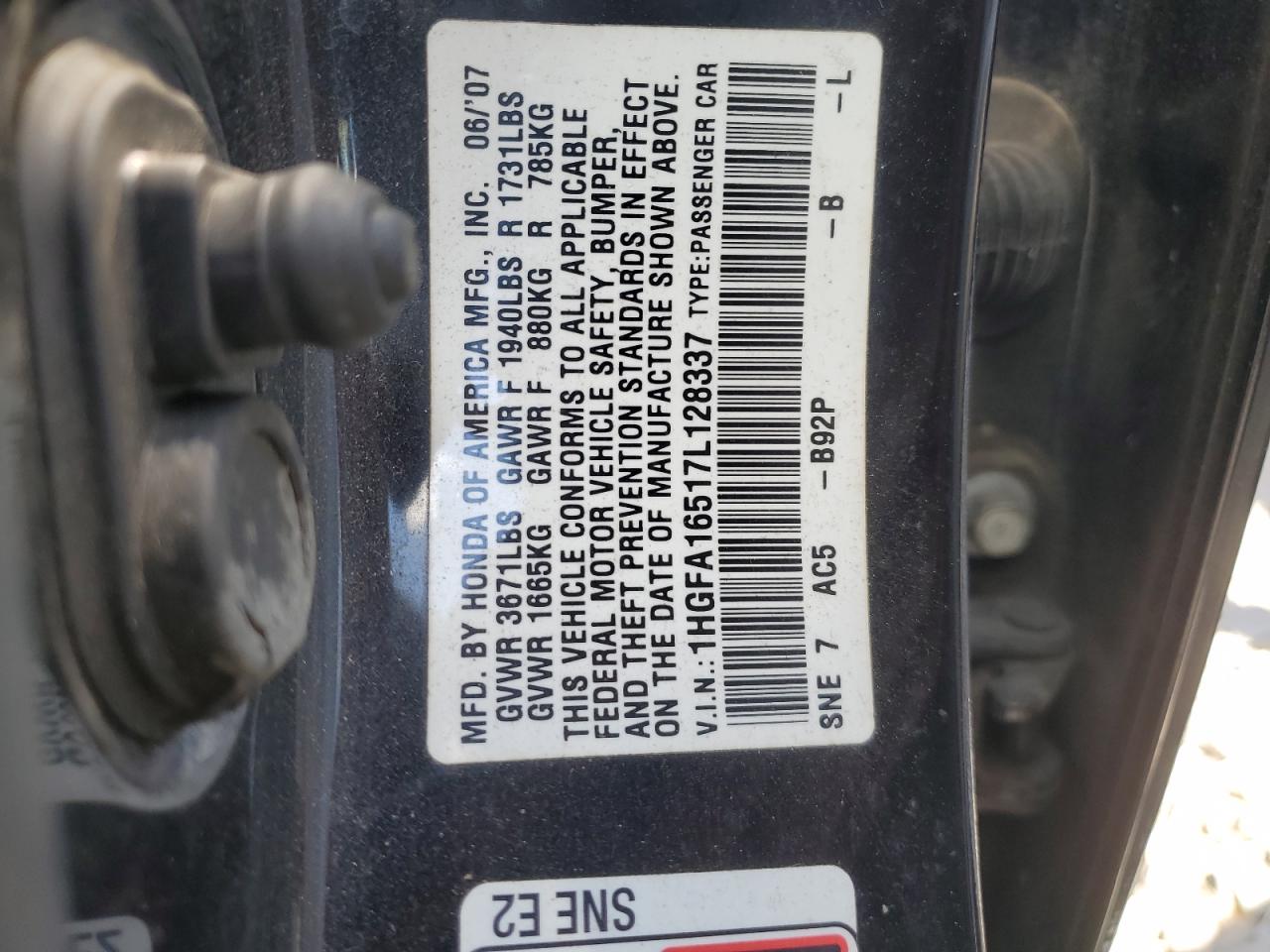 2007 Honda Civic Lx VIN: 1HGFA16517L128337 Lot: 68141774