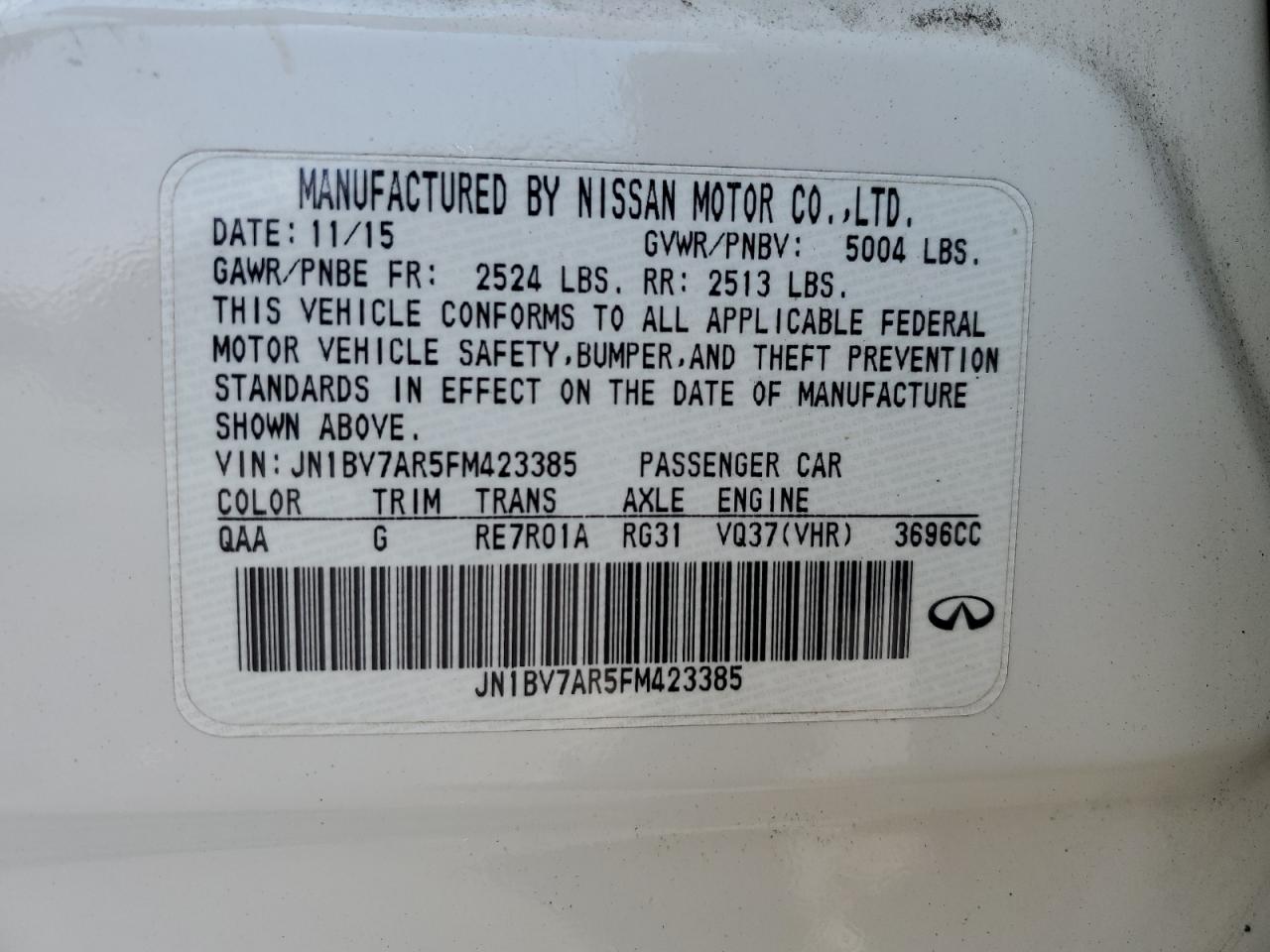 JN1BV7AR5FM423385 2015 Infiniti Q50 Base