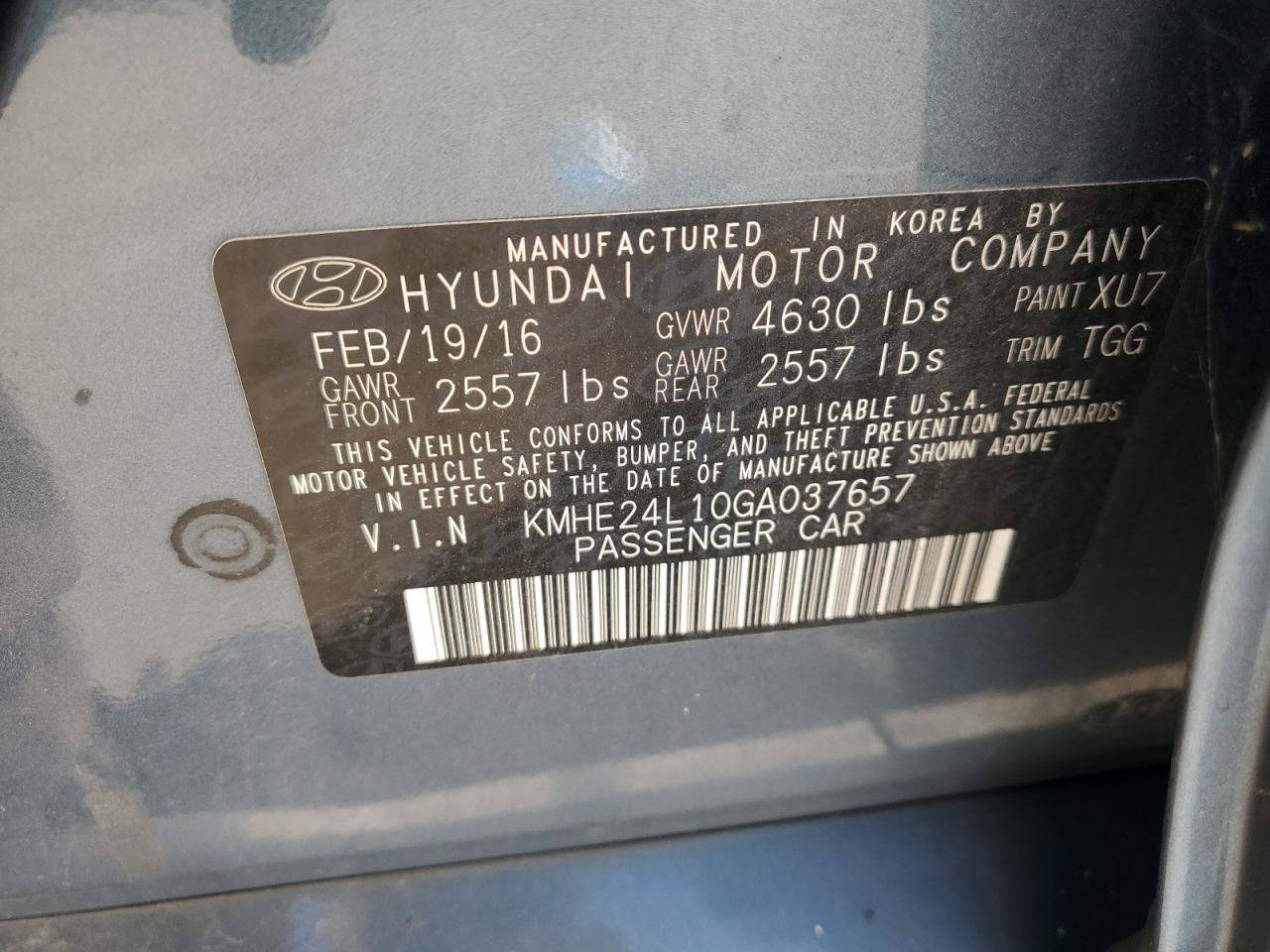 2016 Hyundai Sonata Hybrid VIN: KMHE24L10GA037657 Lot: 69171914