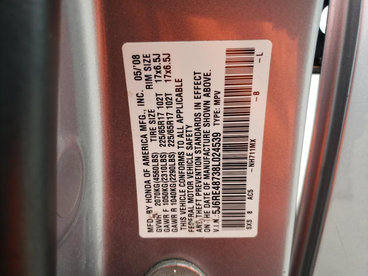 2008 Honda Cr-V Exl VIN: 5J6RE48738L024539 Lot: 67686524