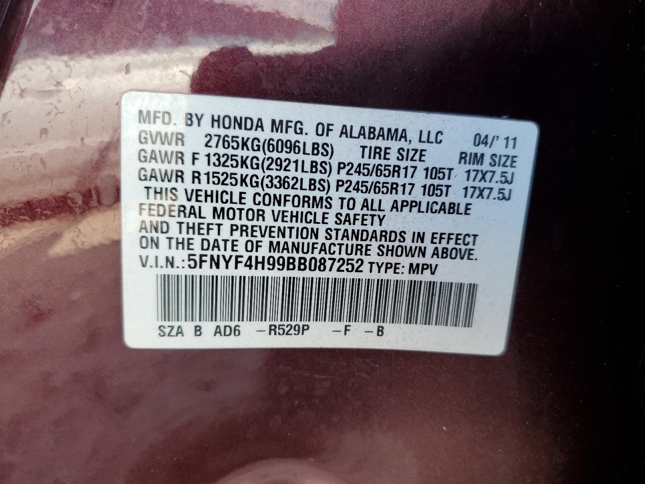 2011 Honda Pilot Touring VIN: 5FNYF4H99BB087252 Lot: 66164264