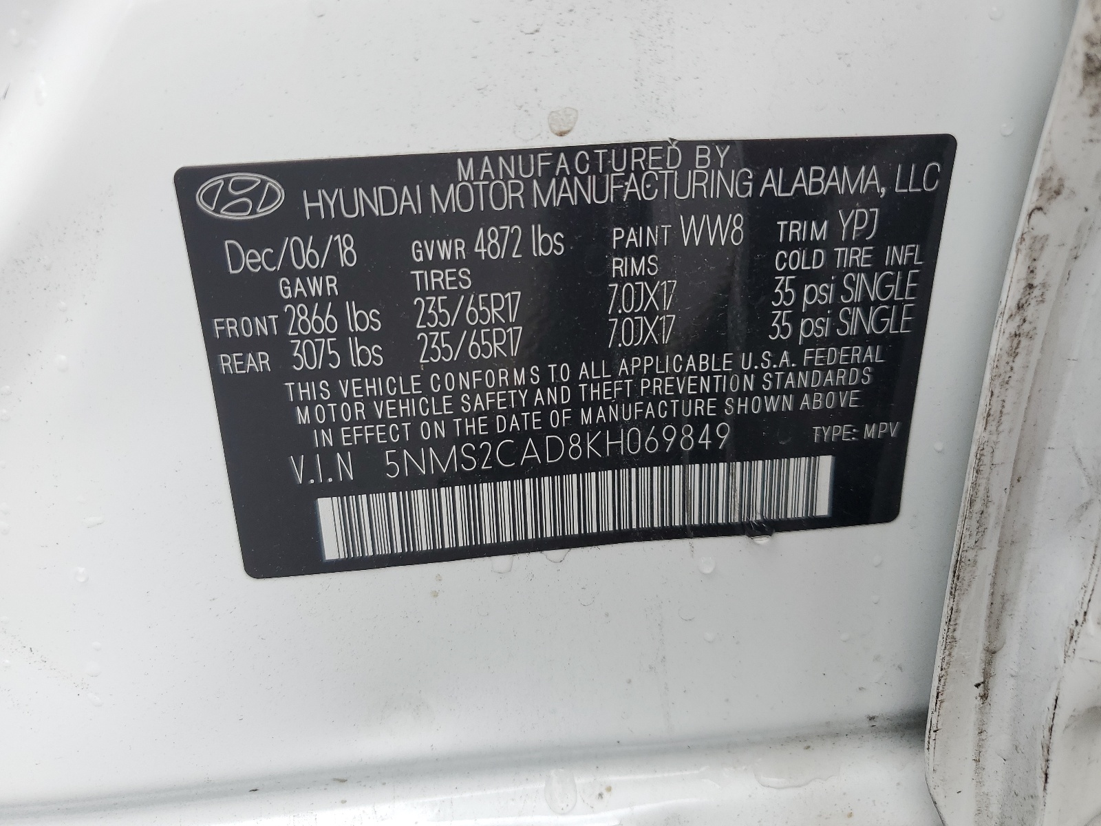 5NMS2CAD8KH069849 2019 Hyundai Santa Fe Se