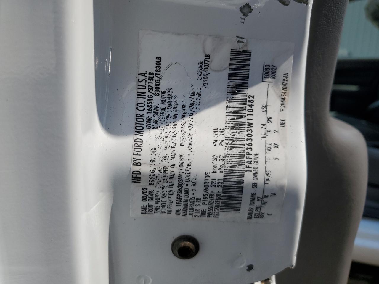 2003 Ford Focus Se VIN: 1FAFP36303W110482 Lot: 65682634