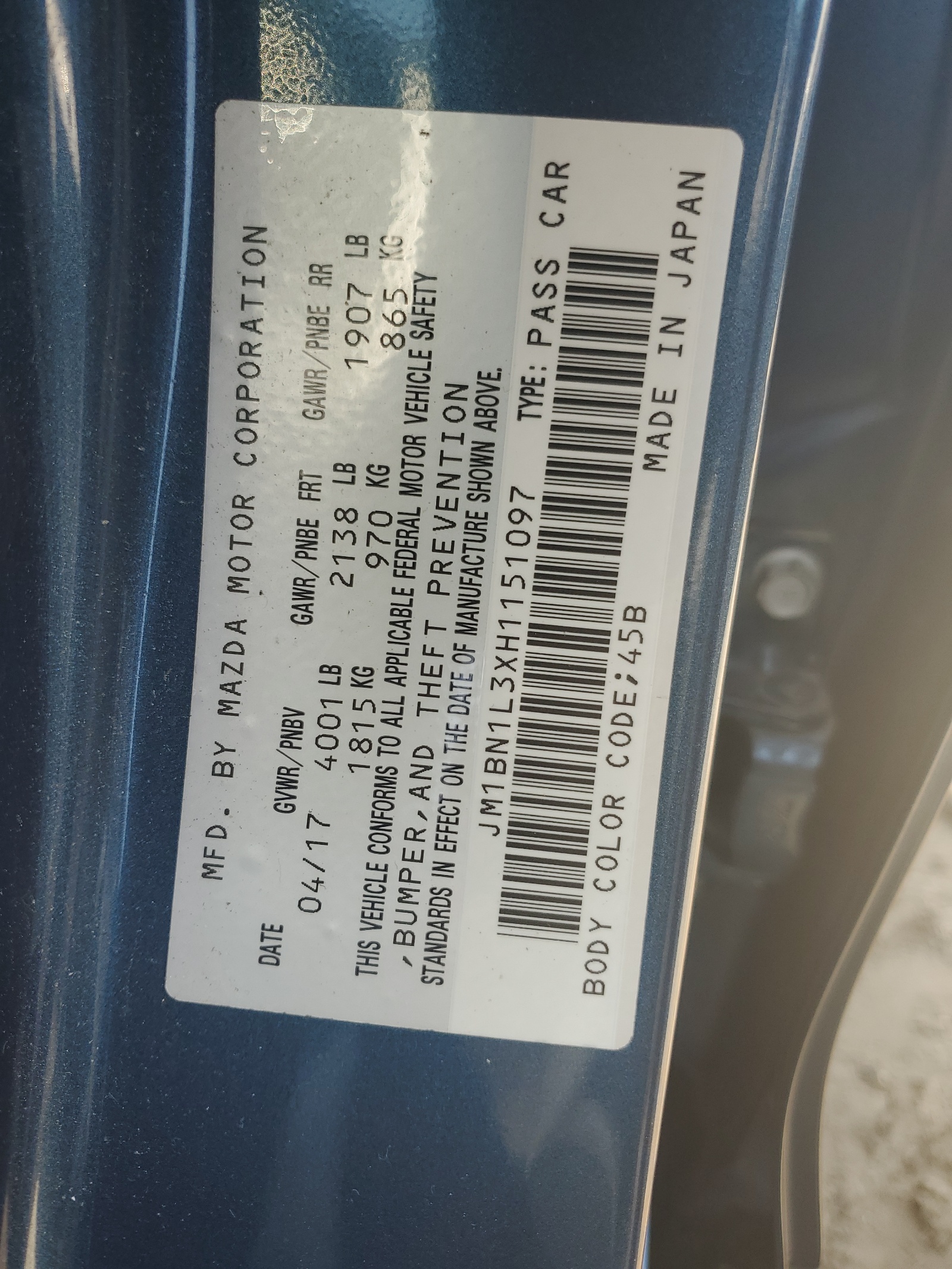 JM1BN1L3XH1151097 2017 Mazda 3 Touring