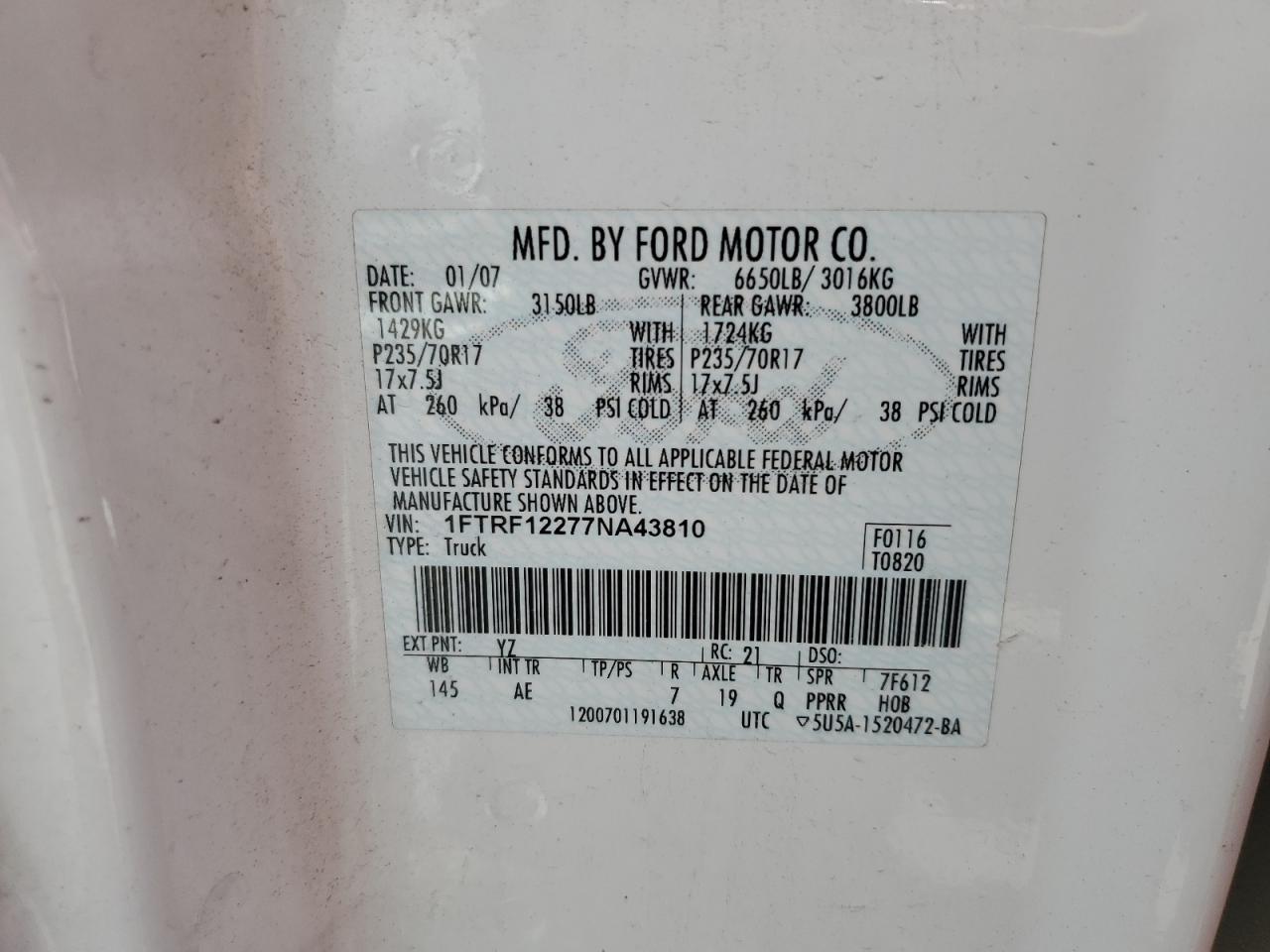 2007 Ford F150 VIN: 1FTRF12277NA43810 Lot: 64857744