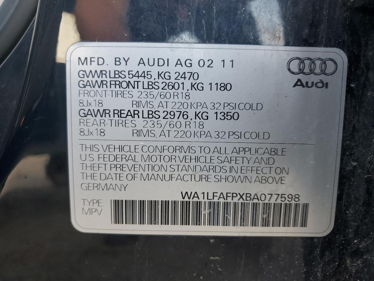 2011 Audi Q5 Premium Plus VIN: WA1LFAFPXBA077598 Lot: 67047914