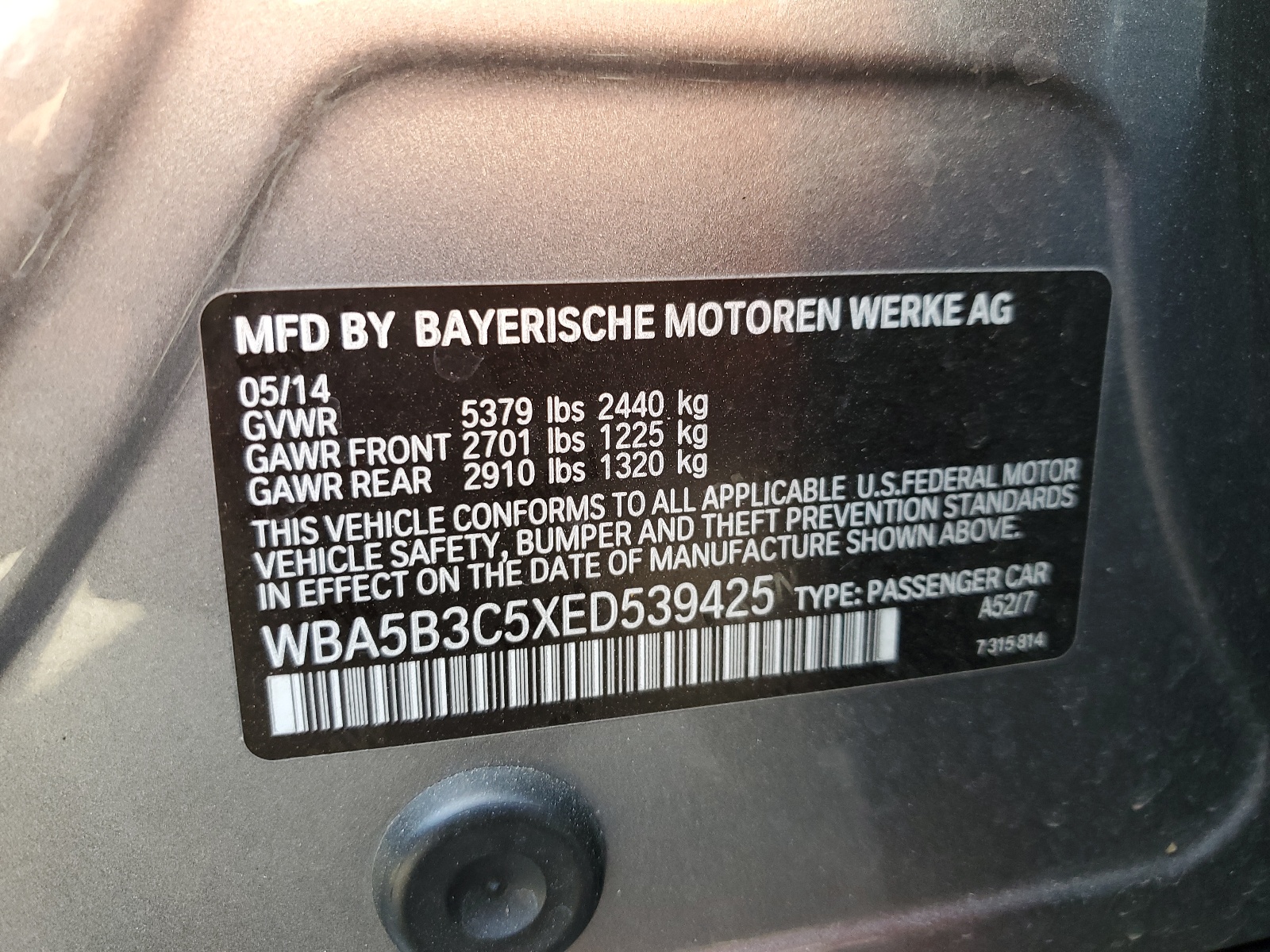 WBA5B3C5XED539425 2014 BMW 535 Xi