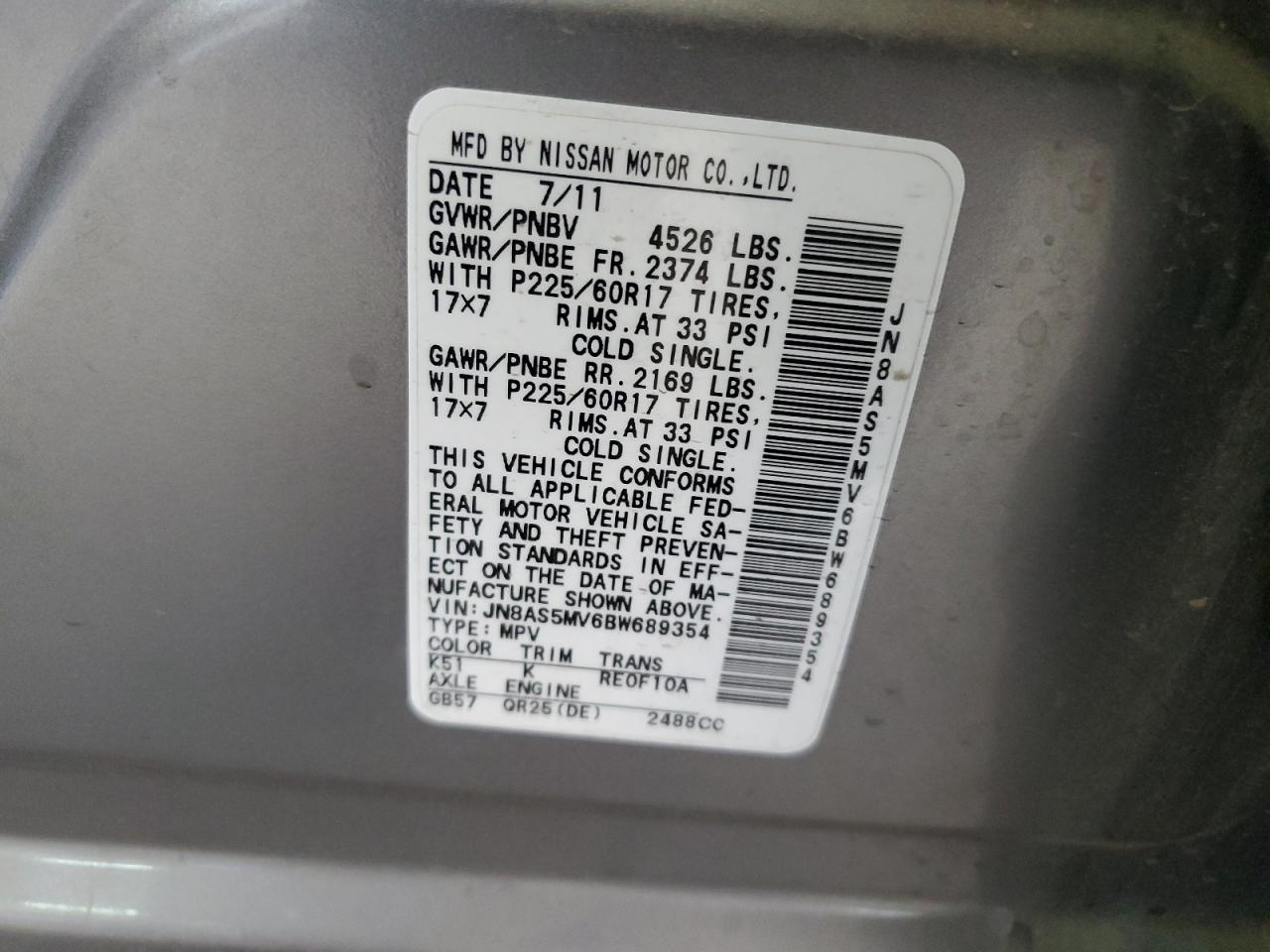 2011 Nissan Rogue S VIN: JN8AS5MV6BW689354 Lot: 68037814