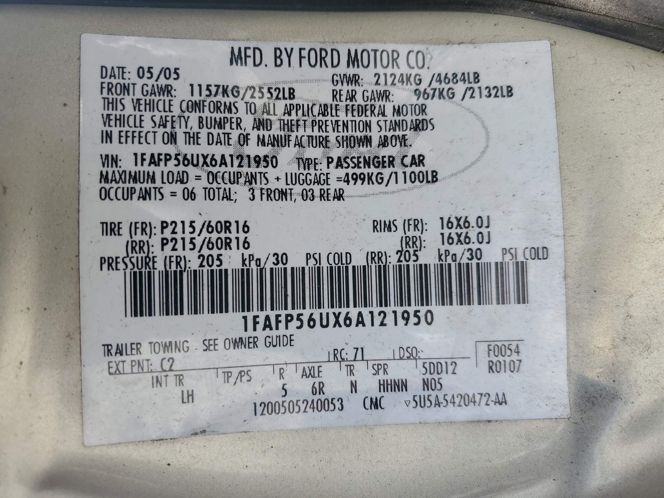 1FAFP56UX6A121950 2006 Ford Taurus Sel