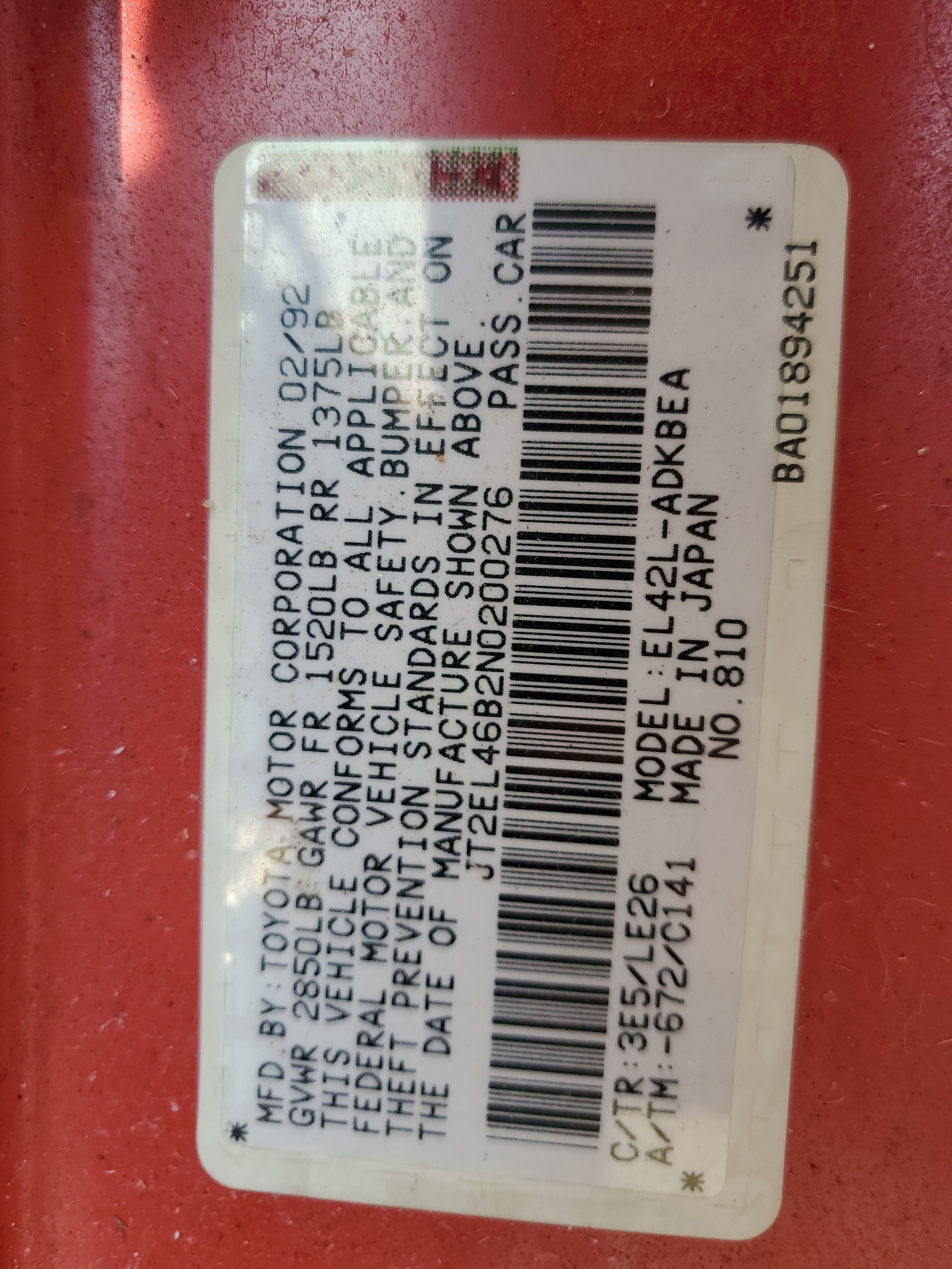 JT2EL46B2N0200276 1992 Toyota Tercel Std