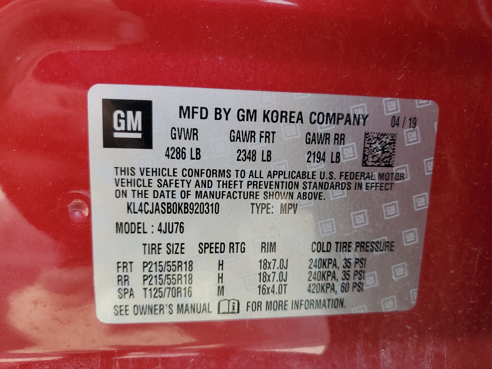 KL4CJASB0KB920310 2019 Buick Encore Preferred