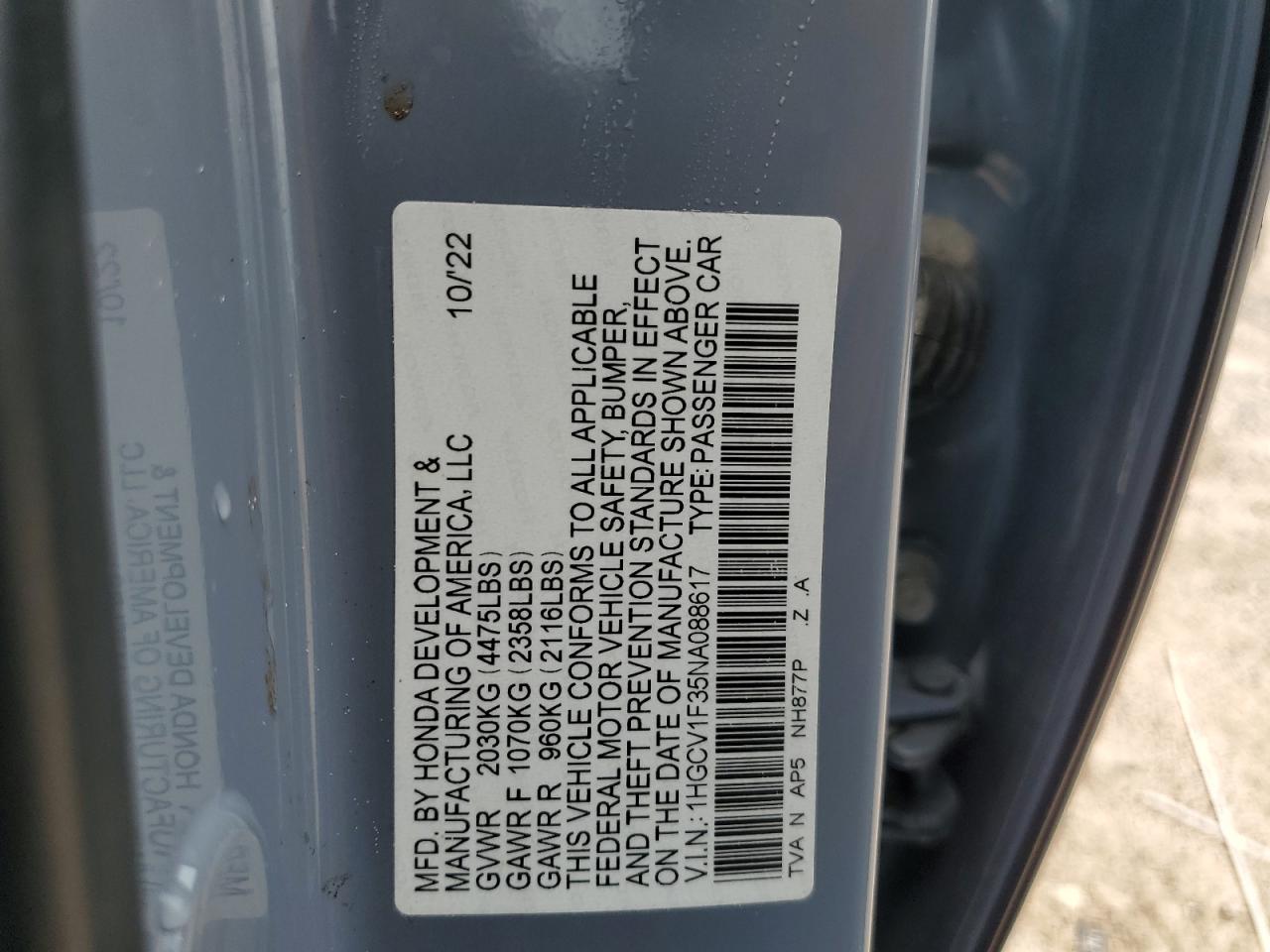 2022 Honda Accord Sport VIN: 1HGCV1F35NA088617 Lot: 69987714