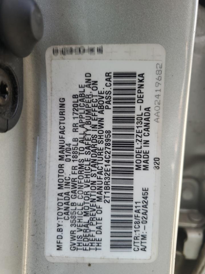 2004 Toyota Corolla Ce VIN: 2T1BR32E14C278958 Lot: 65968054