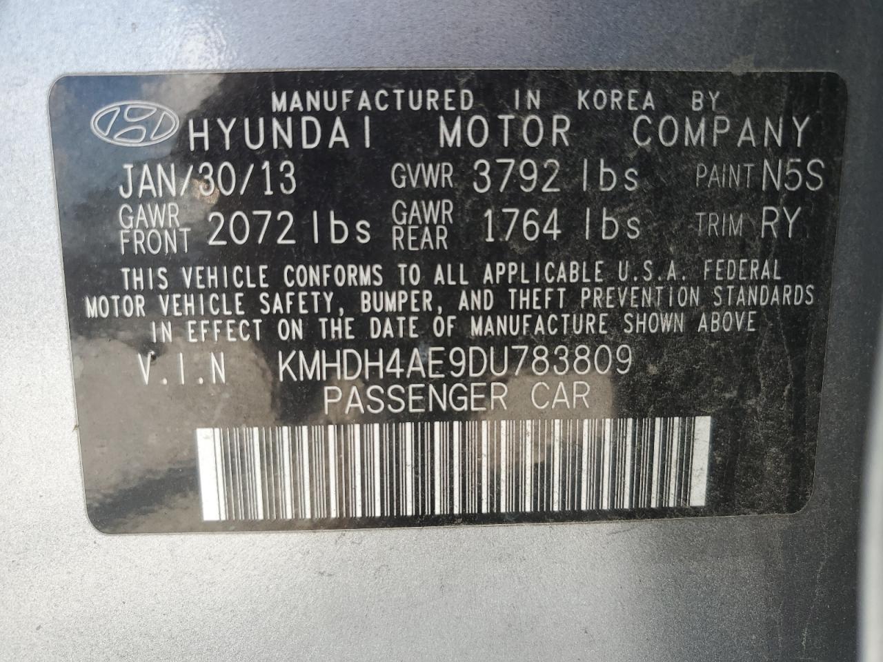 KMHDH4AE9DU783809 2013 Hyundai Elantra Gls