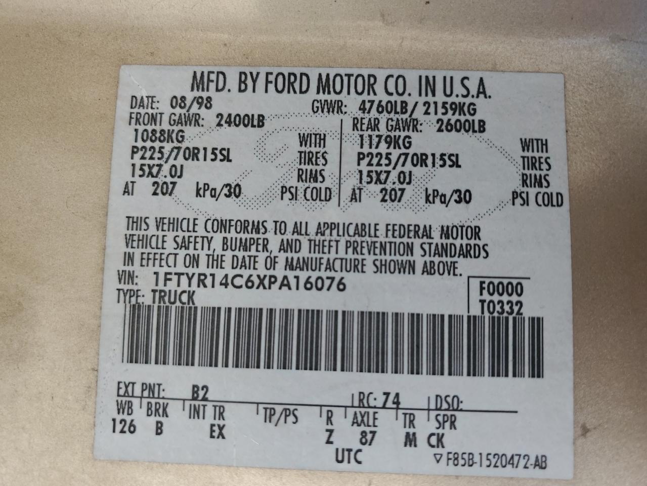 1999 Ford Ranger Super Cab VIN: 1FTYR14C6XPA16076 Lot: 67932494