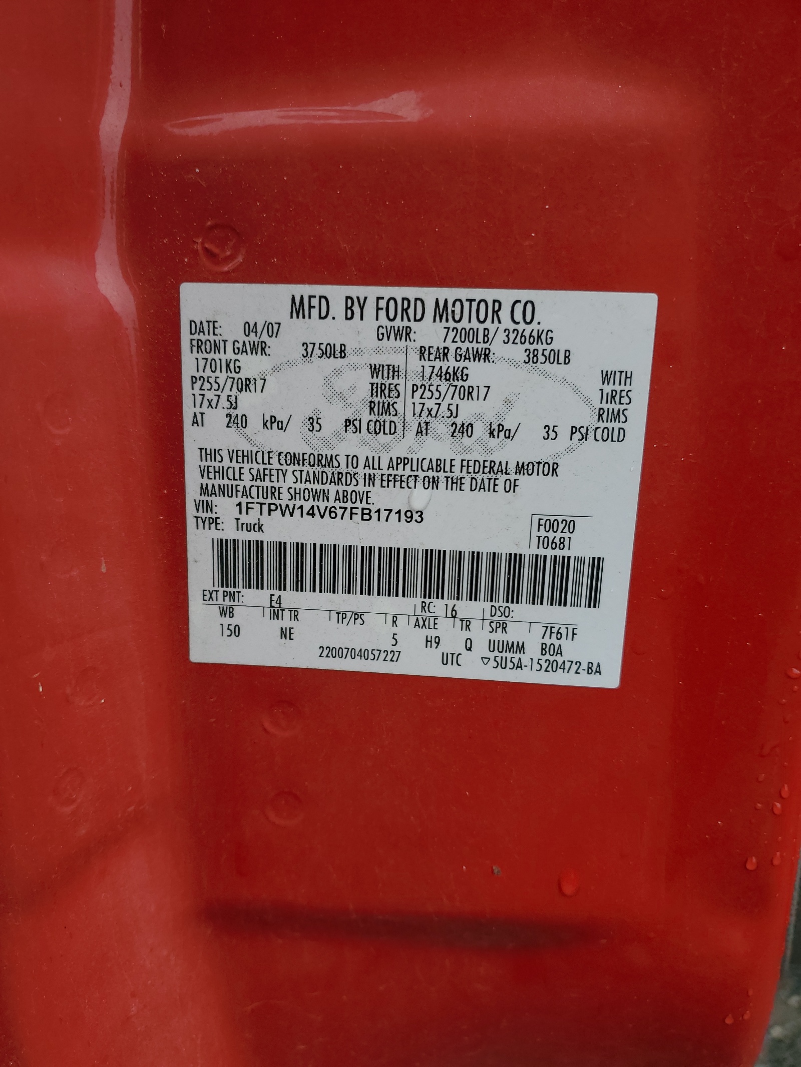 1FTPW14V67FB17193 2007 Ford F150 Supercrew