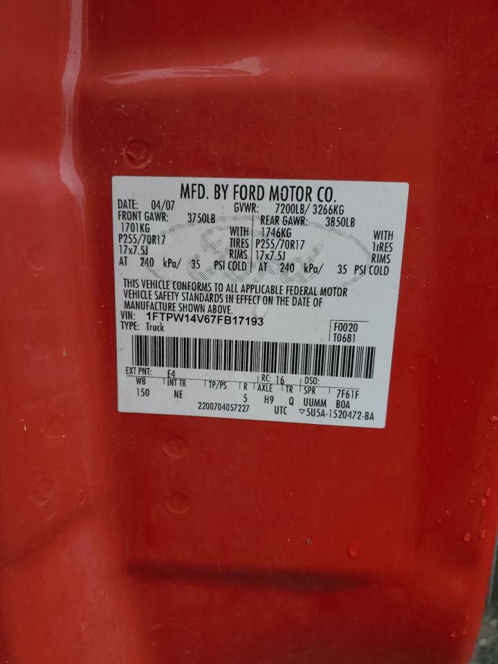 2007 Ford F150 Supercrew VIN: 1FTPW14V67FB17193 Lot: 65751794