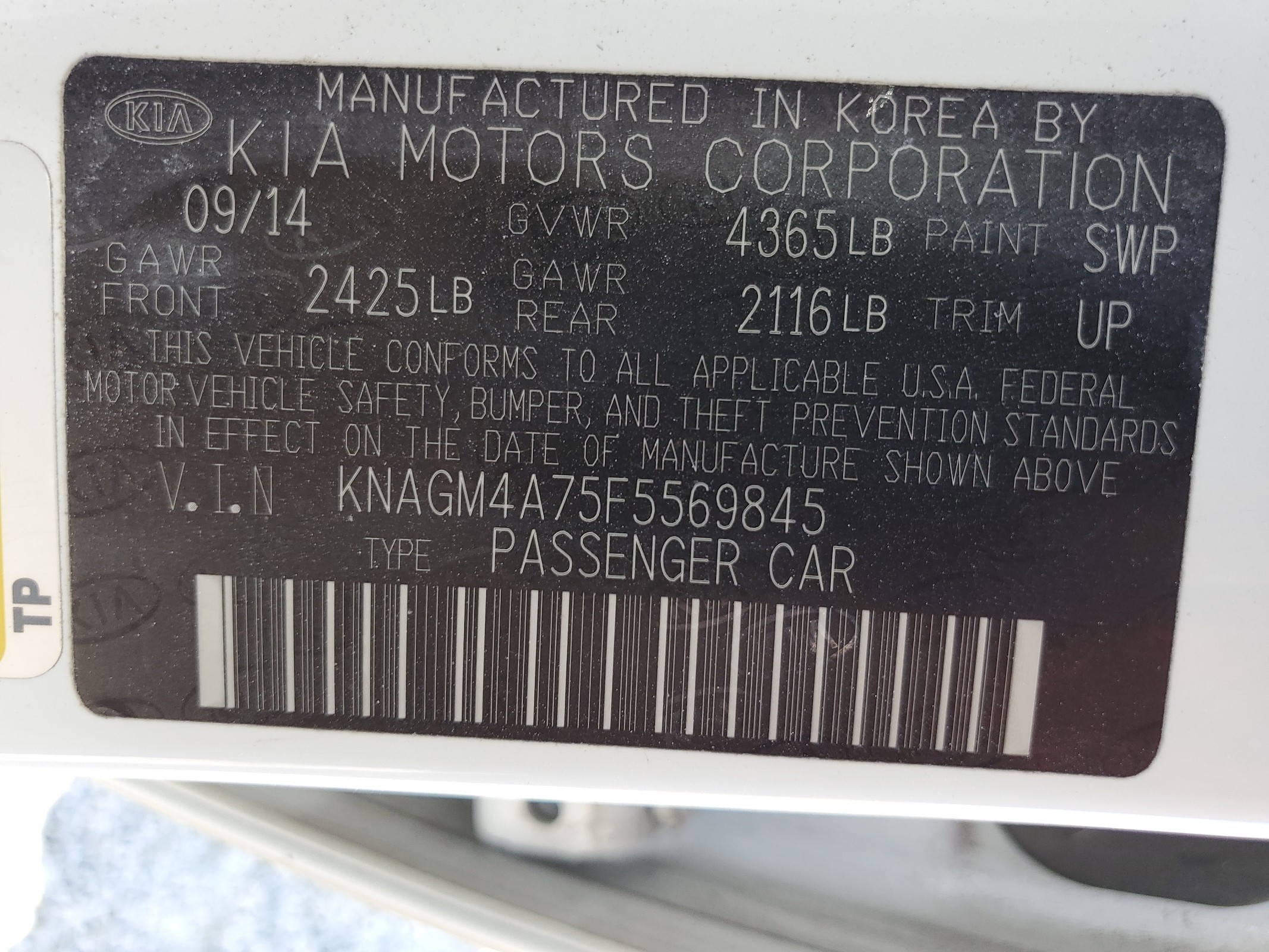 KNAGM4A75F5569845 2015 Kia Optima Lx