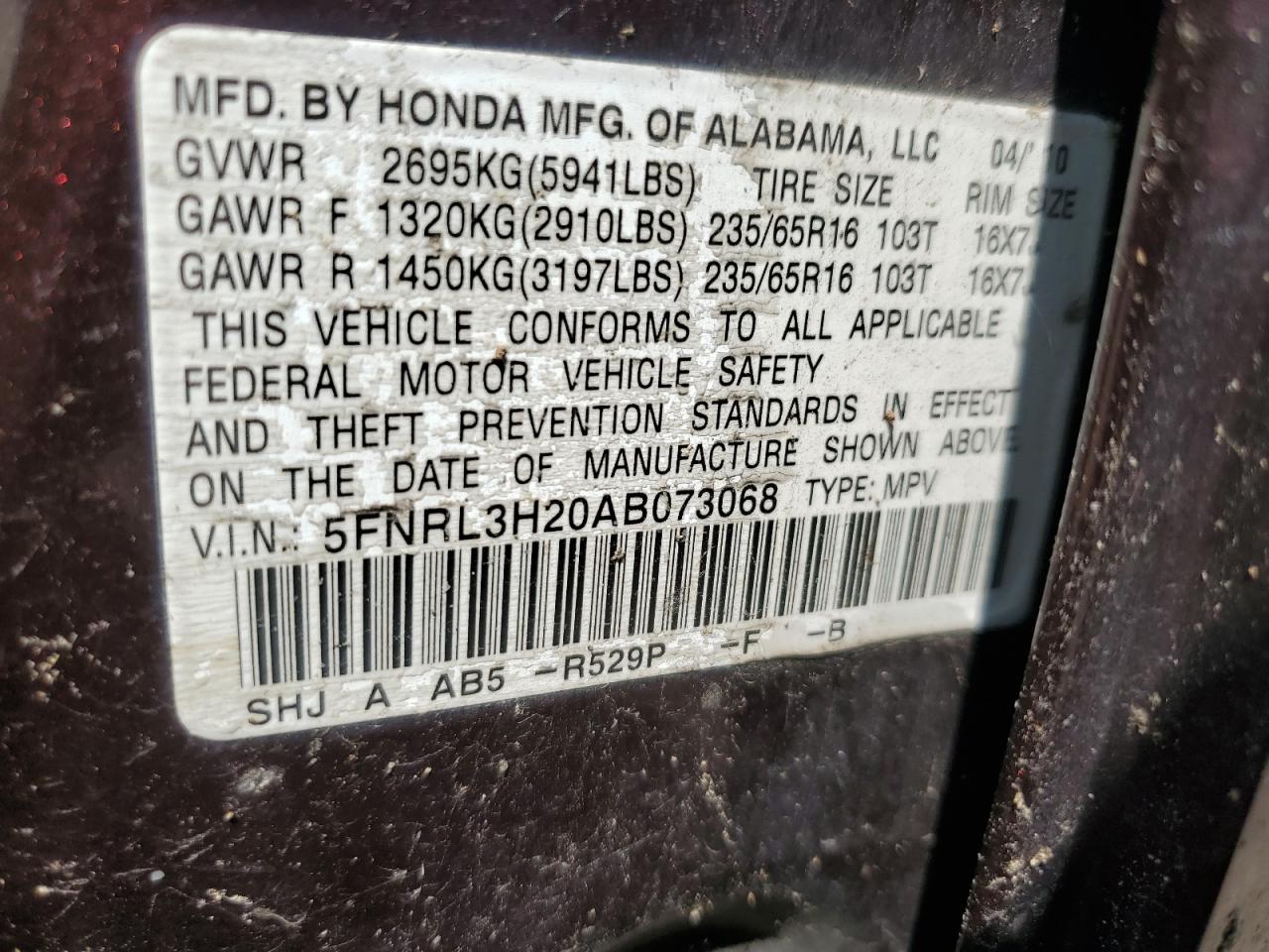 5FNRL3H20AB073068 2010 Honda Odyssey Lx