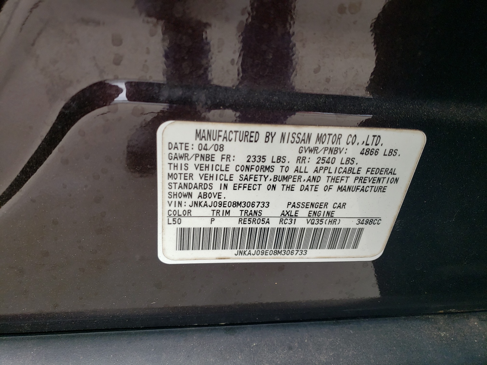 JNKAJ09E08M306733 2008 Infiniti Ex35 Base