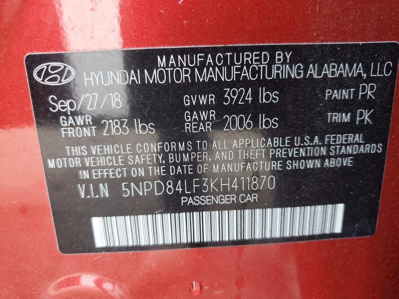 2019 Hyundai Elantra Sel VIN: 5NPD84LF3KH411870 Lot: 68070834