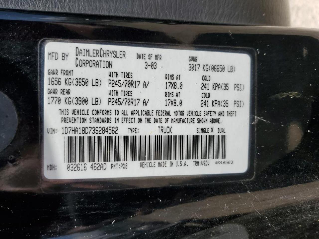 2003 Dodge Ram 1500 St VIN: 1D7HA18D73S284562 Lot: 66023654