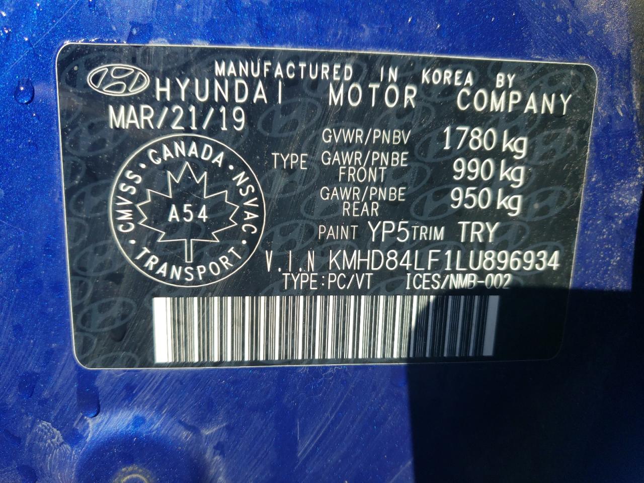 2020 Hyundai Elantra Sel VIN: KMHD84LF1LU896934 Lot: 66576044