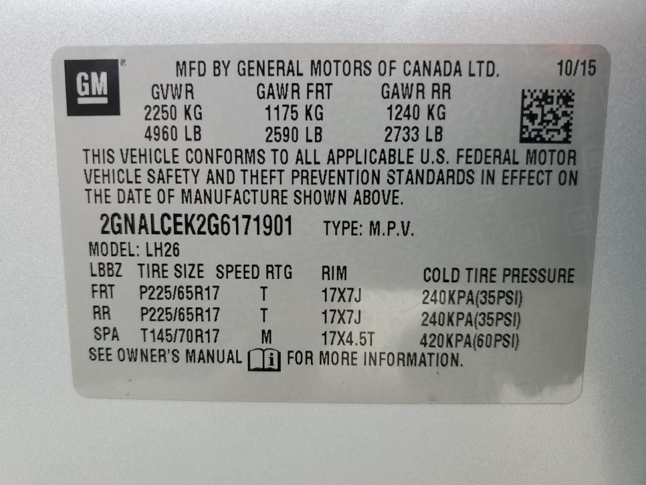 2016 Chevrolet Equinox Lt VIN: 2GNALCEK2G6171901 Lot: 66609574