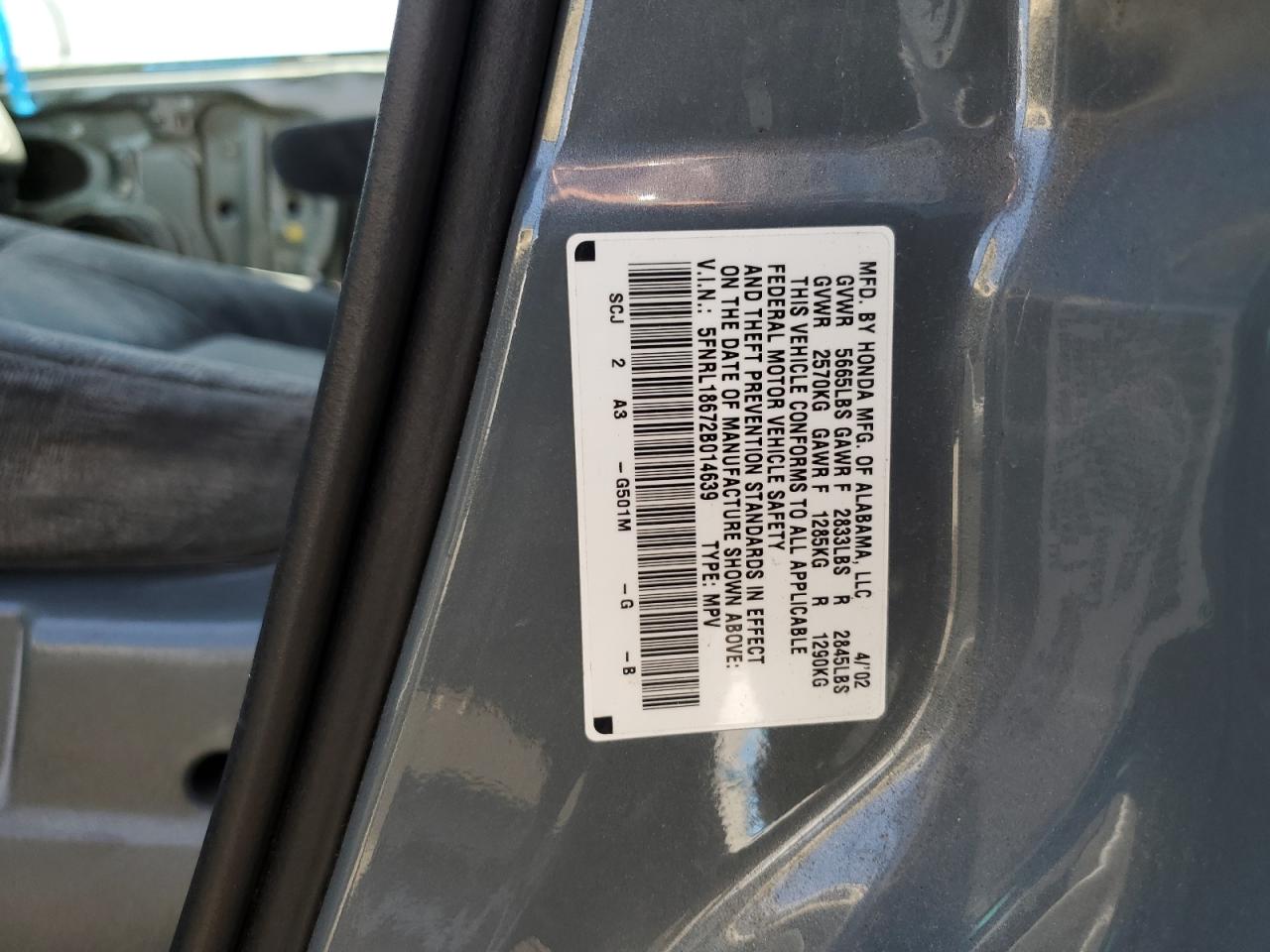 2002 Honda Odyssey Ex VIN: 5FNRL18672B014639 Lot: 64693694