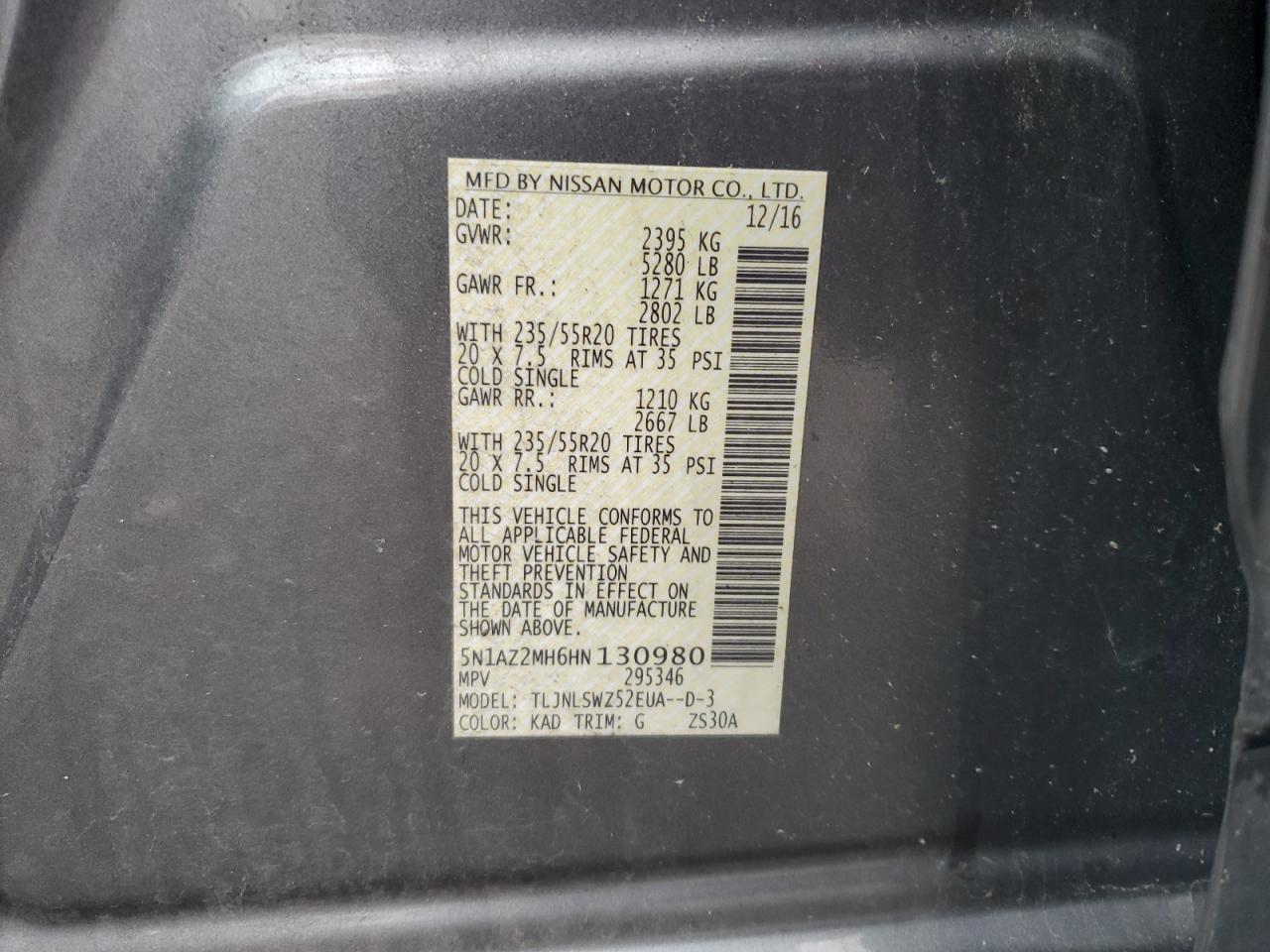 2017 Nissan Murano S VIN: 5N1AZ2MH6HN130980 Lot: 66455024