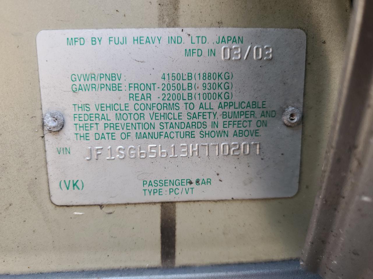 2003 Subaru Forester 2.5Xs VIN: JF1SG65613H770207 Lot: 68124304