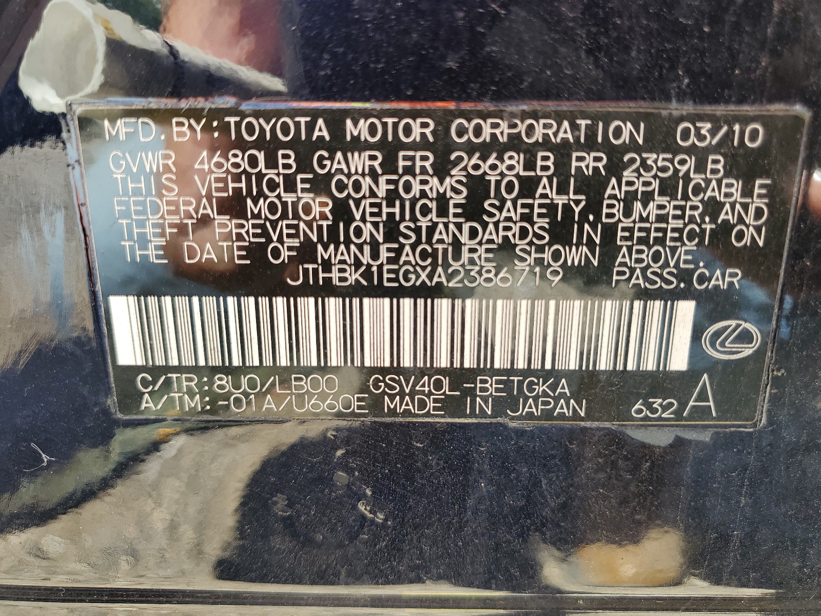 JTHBK1EGXA2386719 2010 Lexus Es 350