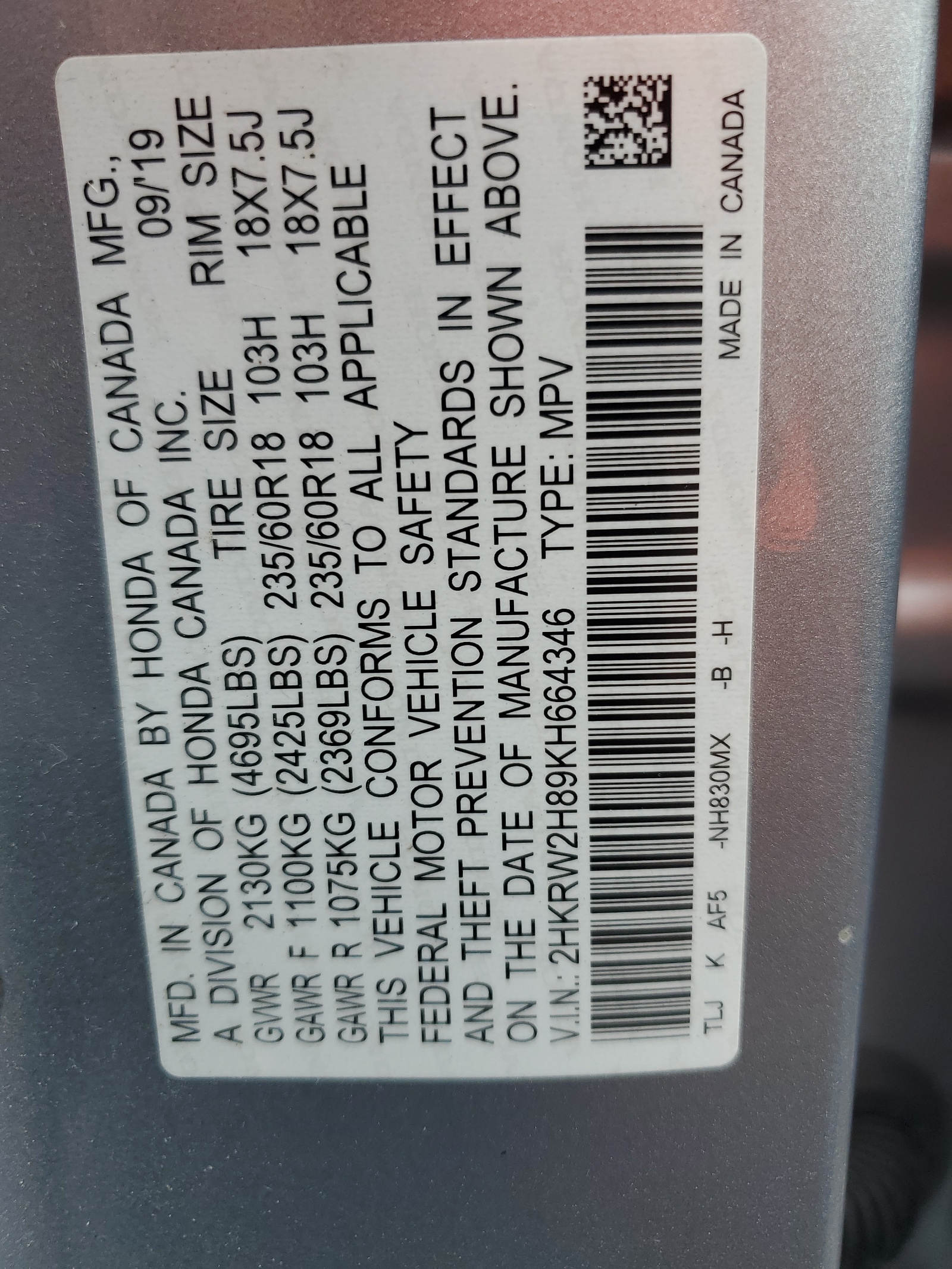 2HKRW2H89KH664346 2019 Honda Cr-V Exl