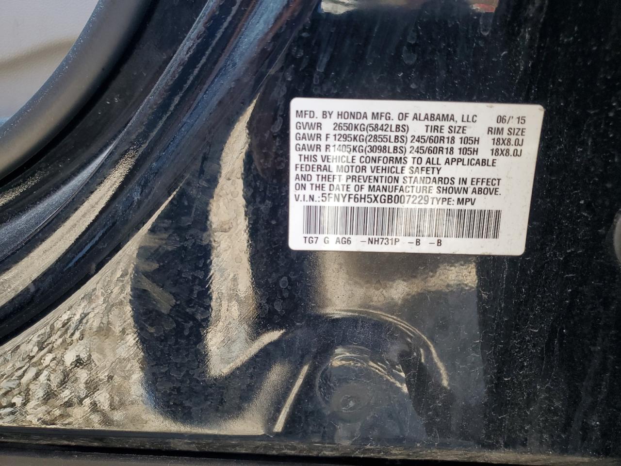 2016 Honda Pilot Exl VIN: 5FNYF6H5XGB007229 Lot: 65658294