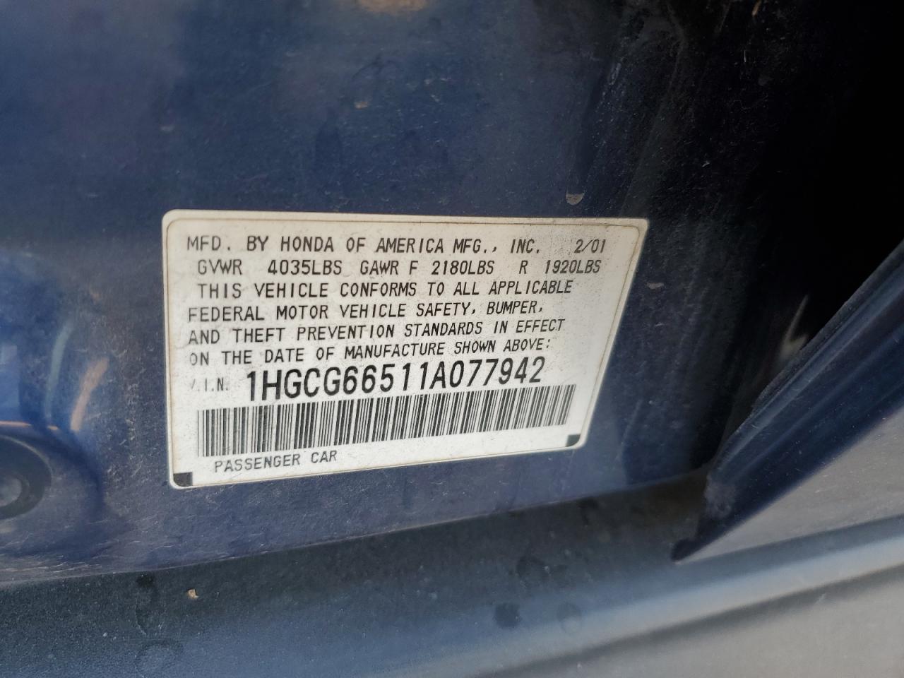 2001 Honda Accord Lx VIN: 1HGCG66511A077942 Lot: 68271964