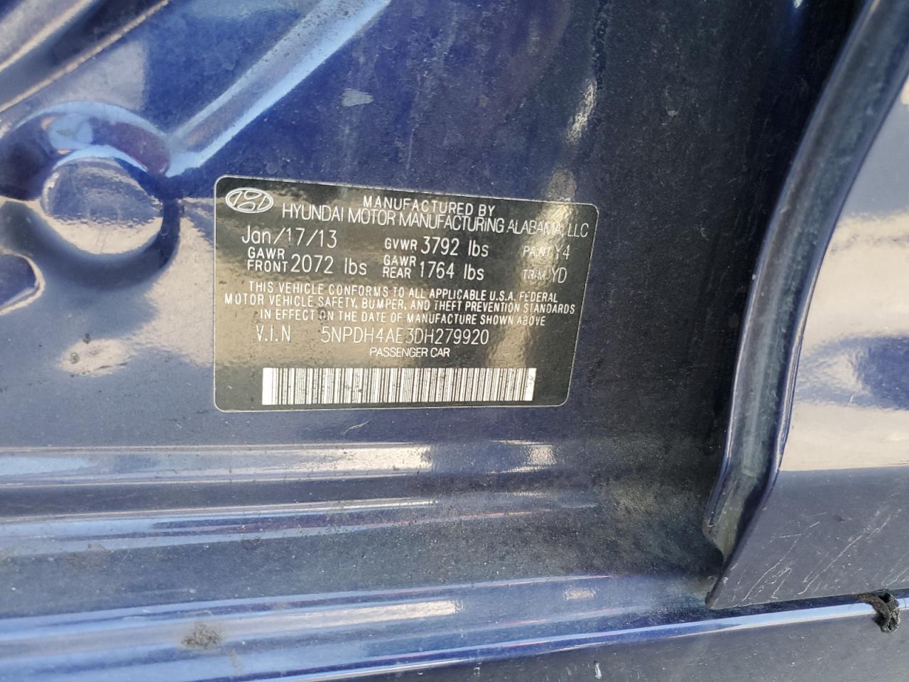 2013 Hyundai Elantra Gls VIN: 5NPDH4AE3DH279920 Lot: 66584094