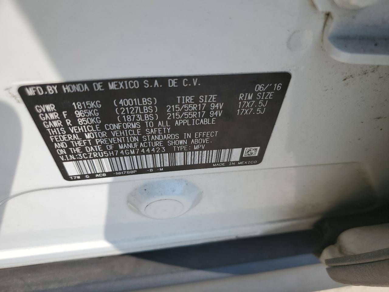 3CZRU5H74GM744423 2016 Honda Hr-V Exl