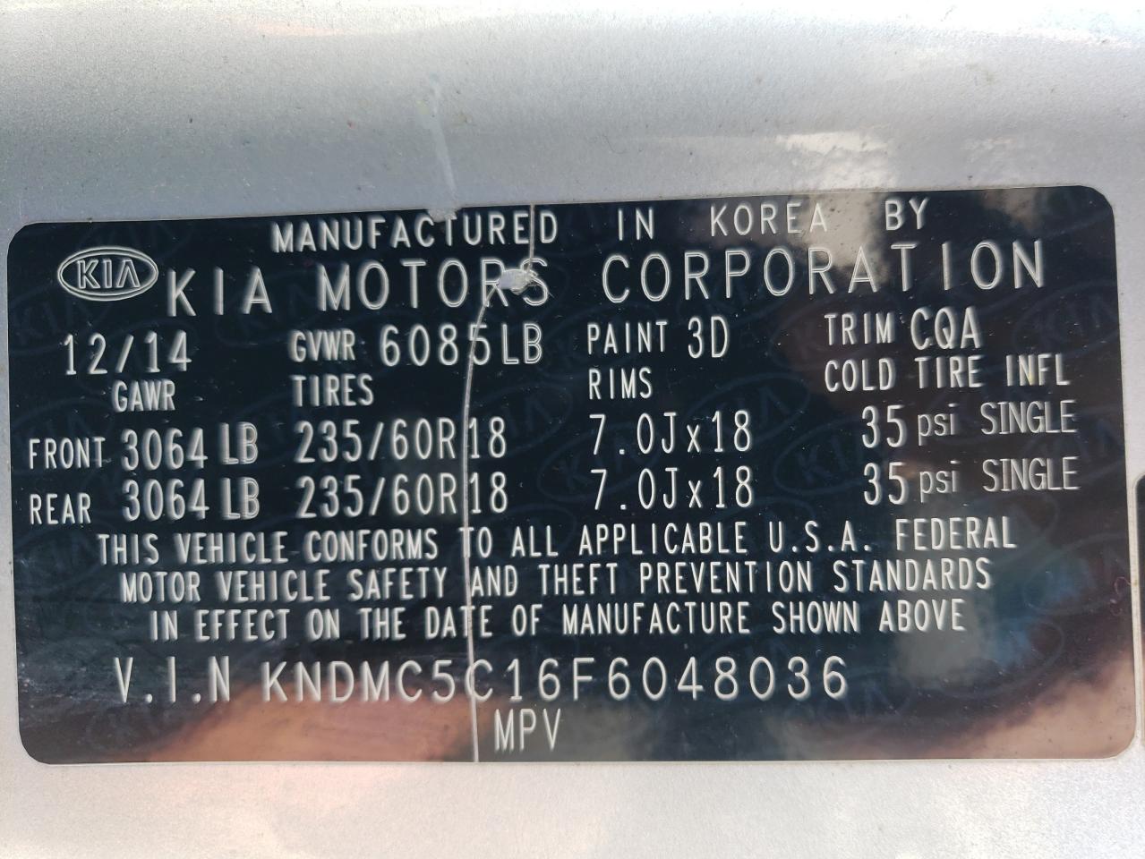 2015 Kia Sedona Ex VIN: KNDMC5C16F6048036 Lot: 68172904