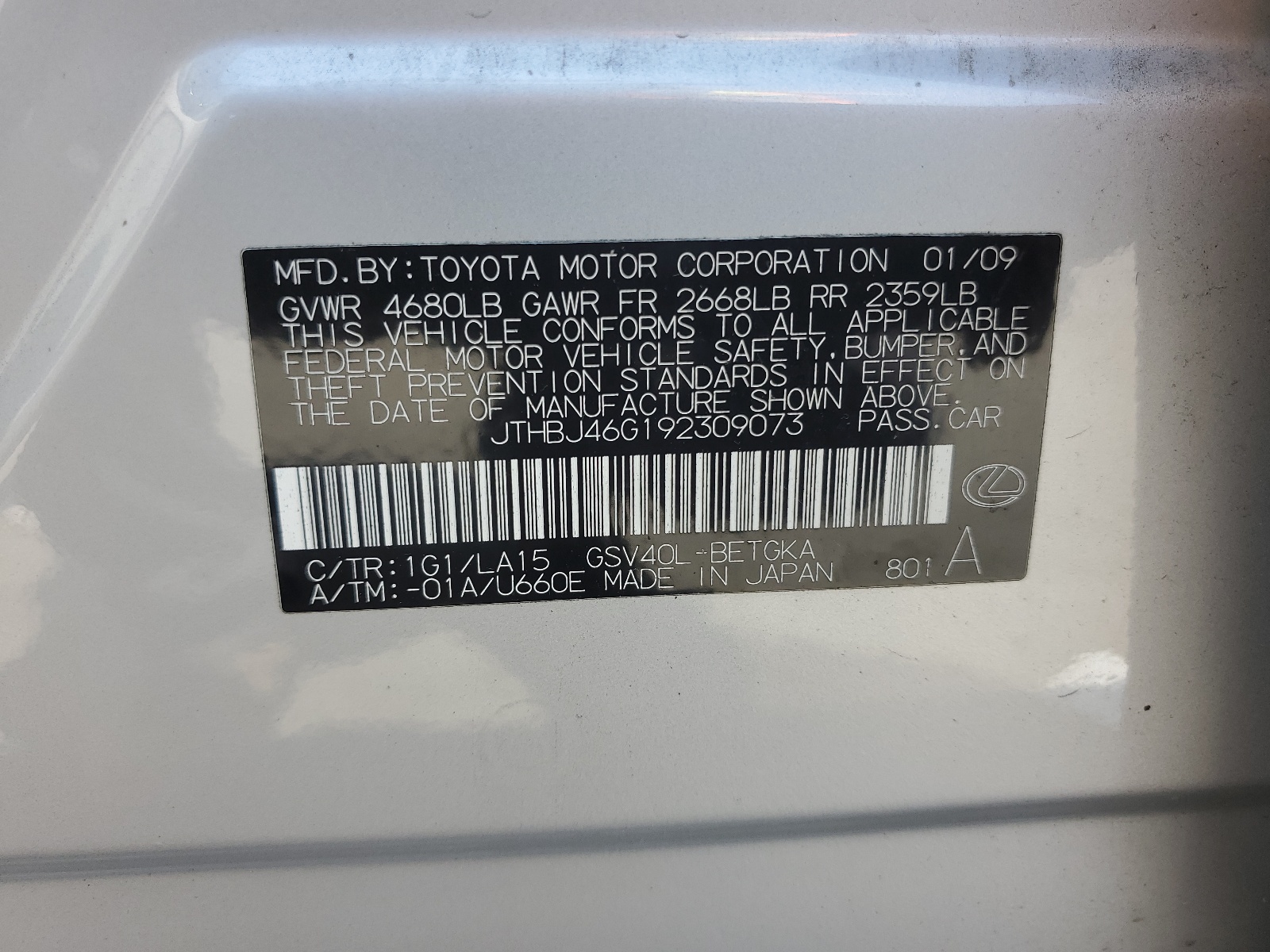 JTHBJ46G192309073 2009 Lexus Es 350