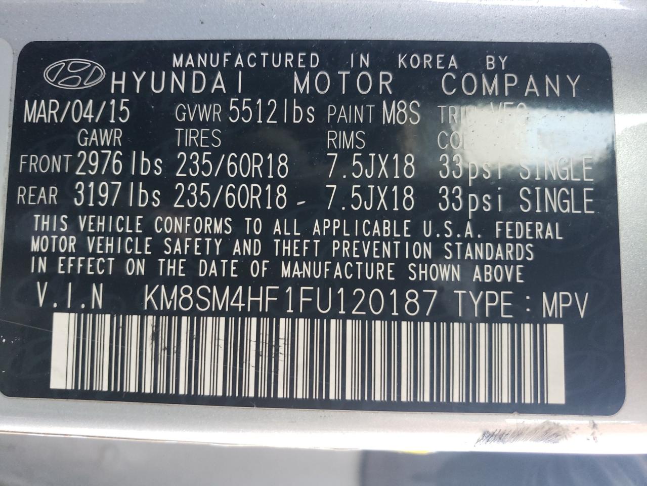 KM8SM4HF1FU120187 2015 Hyundai Santa Fe Gls