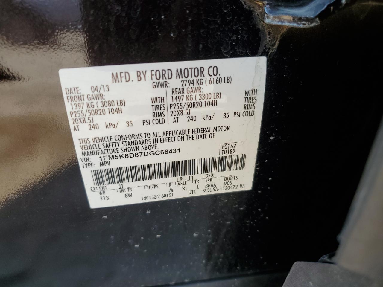 2013 Ford Explorer Xlt VIN: 1FM5K8D87DGC66431 Lot: 68544024