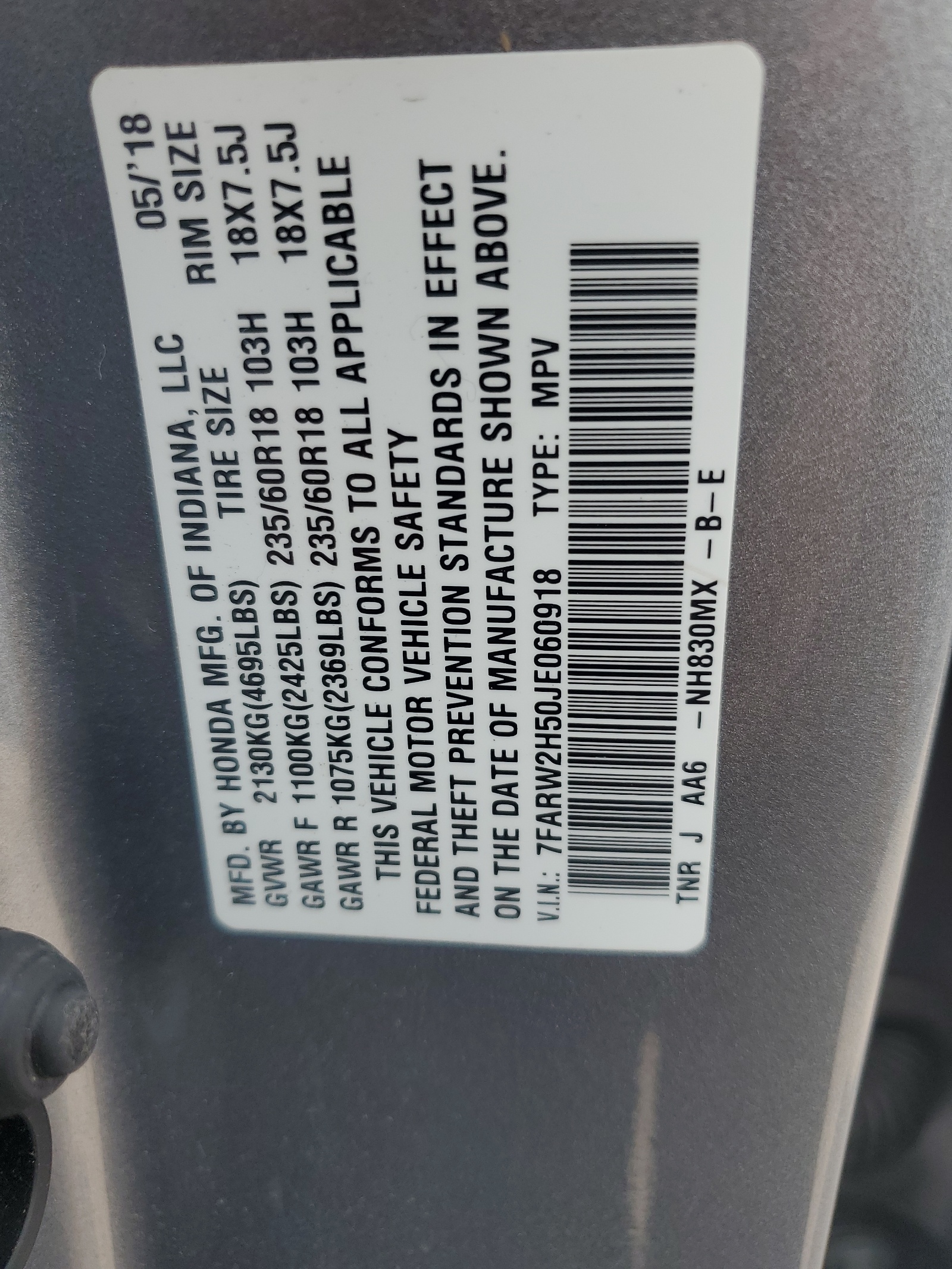 7FARW2H50JE060918 2018 Honda Cr-V Ex