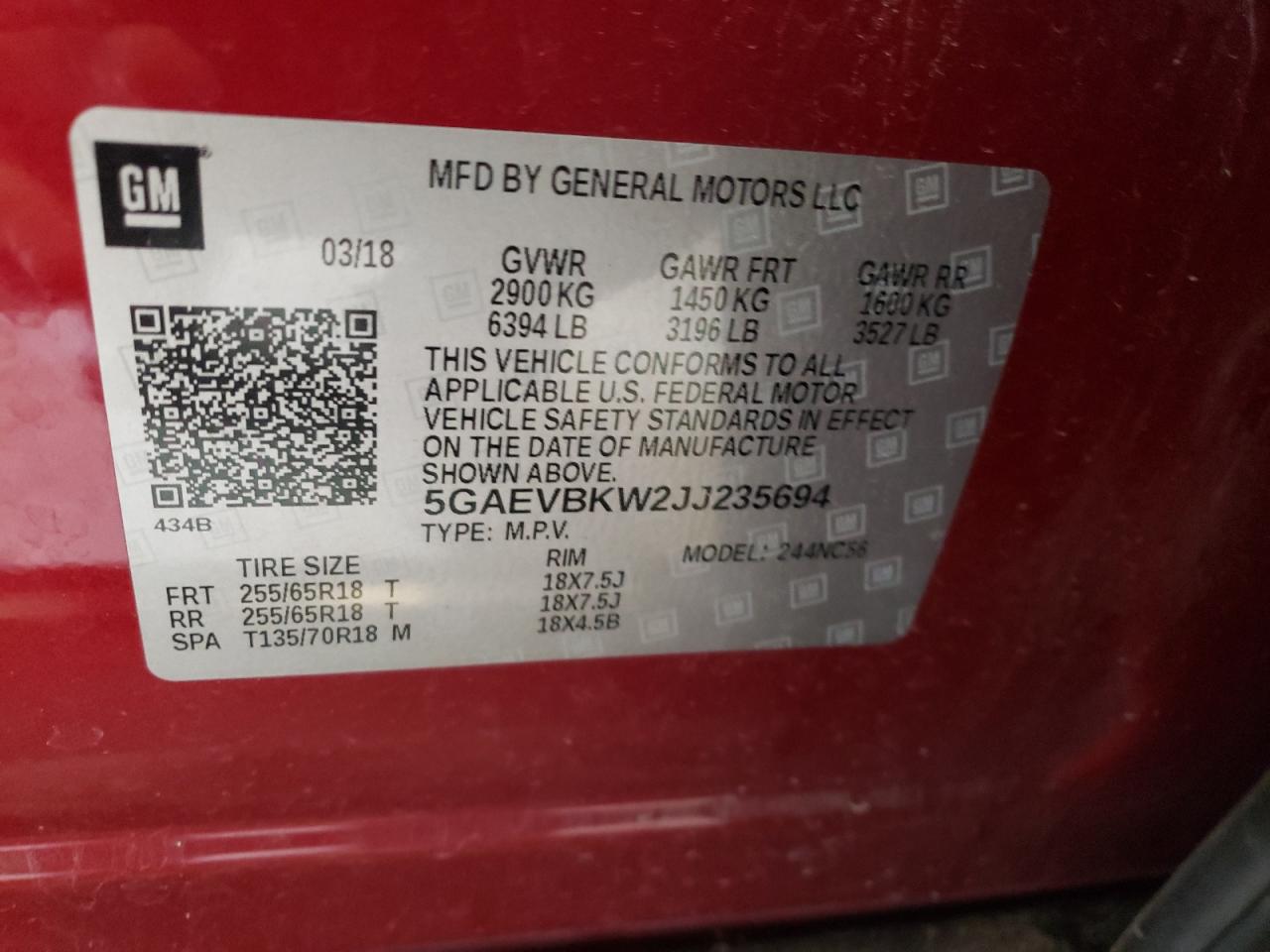 2018 Buick Enclave Premium VIN: 5GAEVBKW2JJ235694 Lot: 64262904