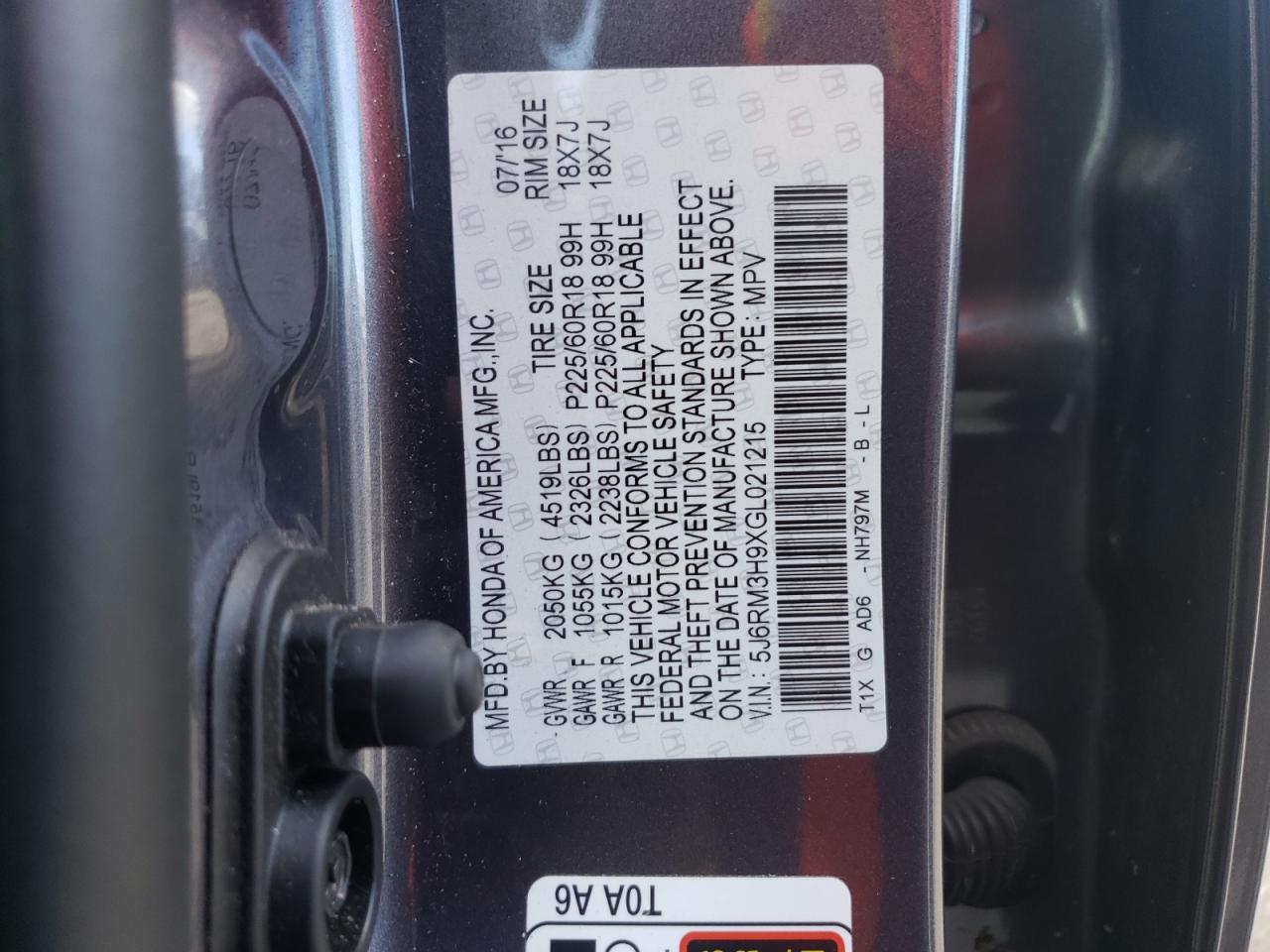 2016 Honda Cr-V Touring VIN: 5J6RM3H9XGL021215 Lot: 66486804