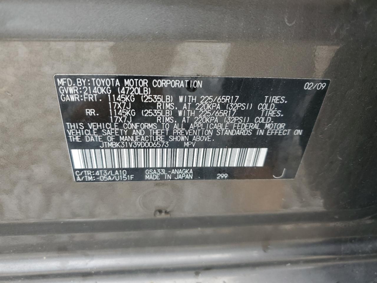 2009 Toyota Rav4 Limited VIN: JTMBK31V39D006573 Lot: 65826544