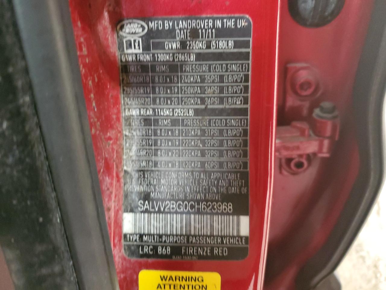 2012 Land Rover Range Rover Evoque Prestige Premium VIN: SALVV2BG0CH623968 Lot: 68171004