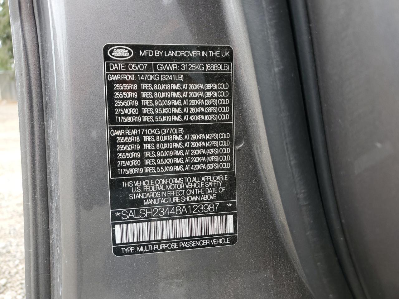 2008 Land Rover Range Rover Sport Supercharged VIN: SALSH23448A123987 Lot: 67520094